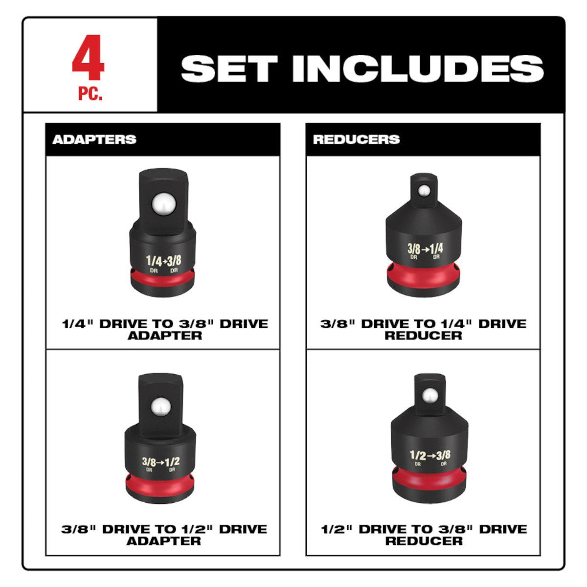 Milwaukee 49-66-6742 SHOCKWAVE Impact Duty™ 1/4"-1/2" Drive Adapter Set - feature callout
