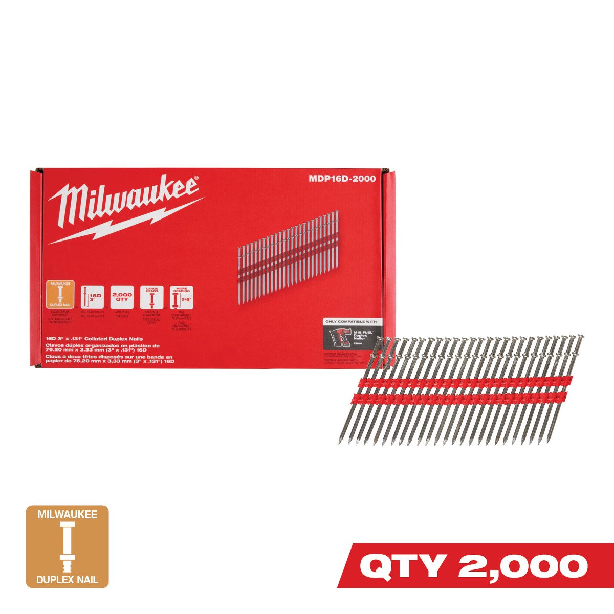 Milwaukee MDP16D-2000 16D 3” x .131” Collated Duplex Nails - feature callout