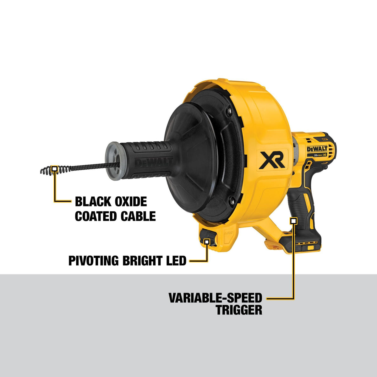 DEWALT DCD200B 20V MAX XR Manual Drain Snake -Tool Only - feature callout