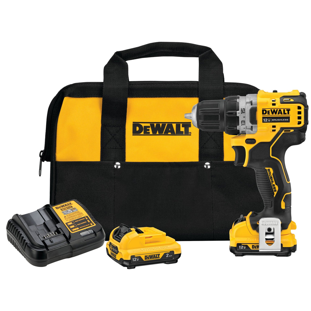 DEWALT DCD701F2 XTREME 12V MAX BRUSHLESS 3/8 IN. CORDLESS DRILL/DRIVER KIT - kit contents