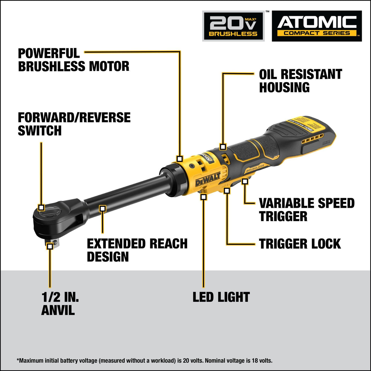 DEWALT DCF512EB ATOMIC 20V MAX Brushless Cordless 1/2 in. Extended Reach Ratchet (Tool Only) - feature callout
