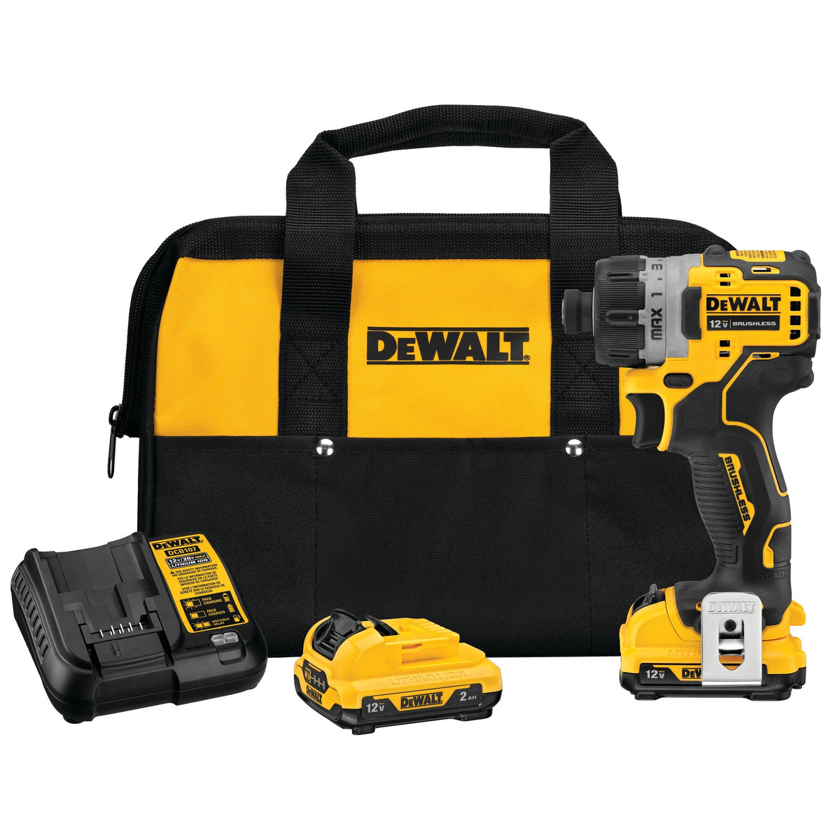DEWALT DCF601F2 XTREME 12V MAX Brushless 1/4" Cordless Screwdriver Kit - kit contents