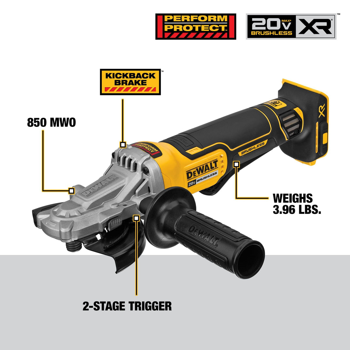 DEWALT DCG413FB 20V Max* Xr Angle Grinder With Brake, 5-Inch, Flathead Paddle Switch, Tool Only - feature callout