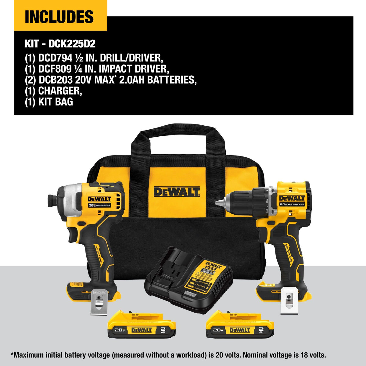DEWALT DCK225D2 20V MAX* 2 Tool Combo Kit - feature callout