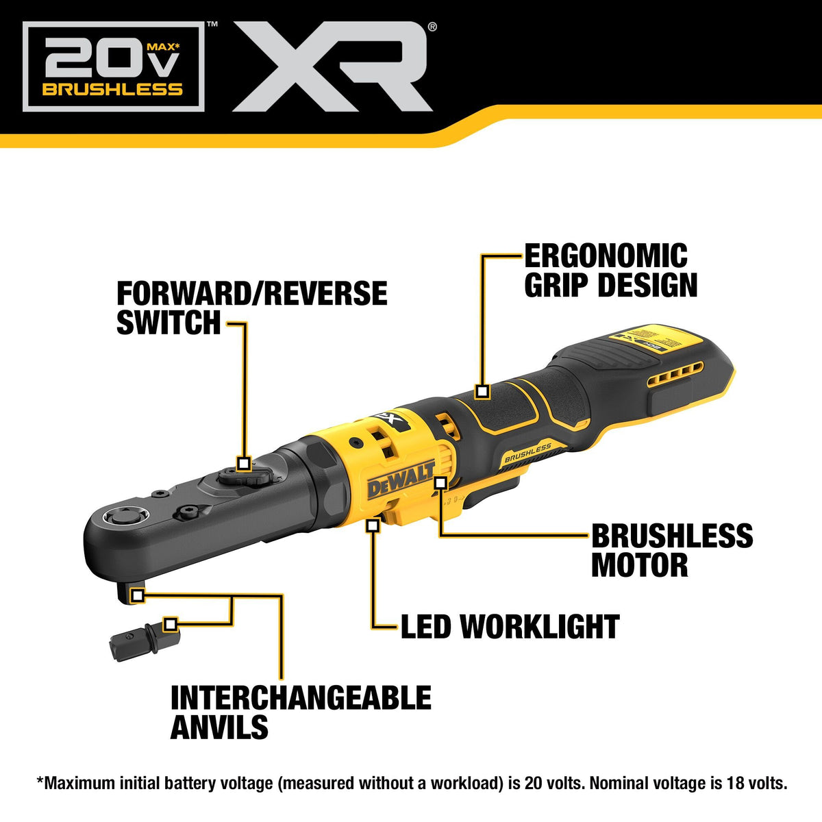 DEWALT DCK229P1 20V MAX XR Brushless 3/8" & 1/2" Sealed Head Ratchet + 1/2" Mid-Range Impact Wrench Kit - feature callout