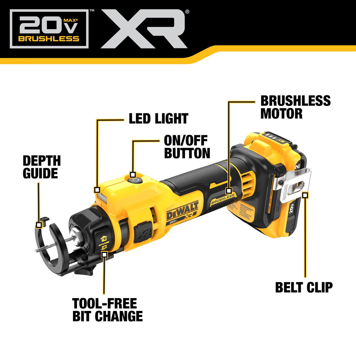 DEWALT DCK265D2 20V MAX XR Brushless Drywall Screwgun and Cut-Out Tool Combo Kit (2.0Ah) - feature callout