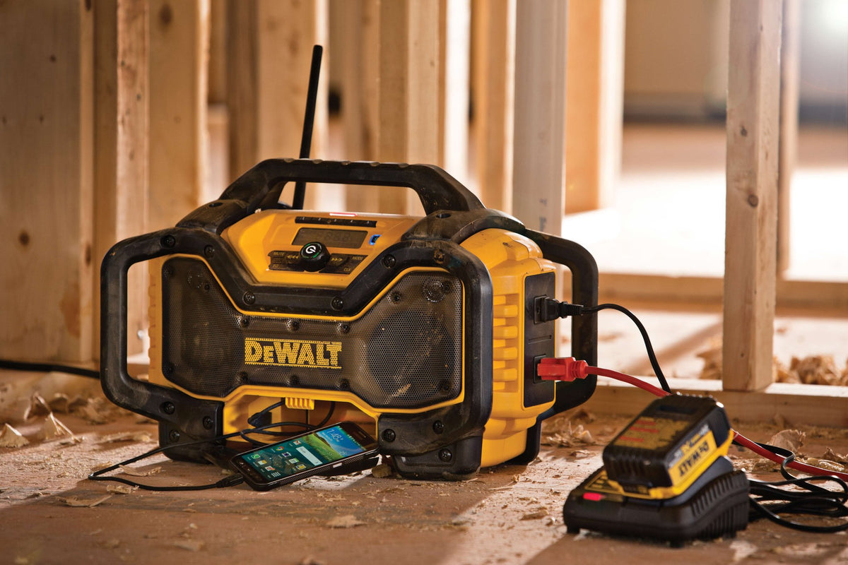 DEWALT DCR025 20V MAX** Portable Radio and Battery Charger, Bluetooth - in use