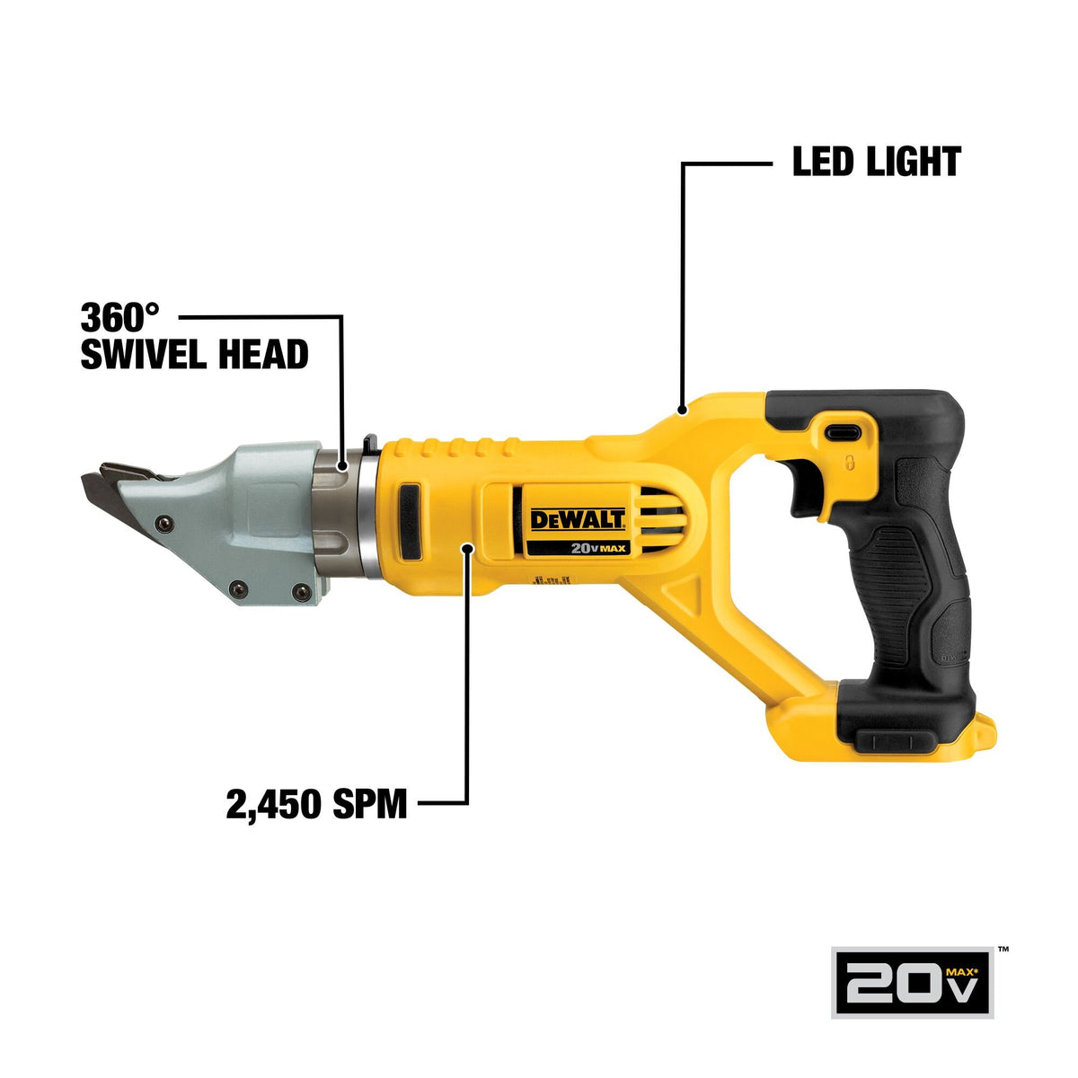 DEWALT DCS494B 20V MAX* Metal Shear, Swivel Head, Double Cut, 14 Guage, Tool Only - feature callout