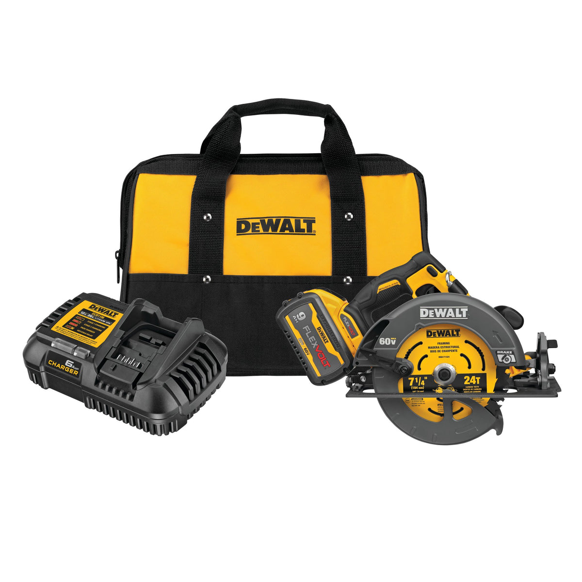 DEWALT DCS578X1 FLEXVOLT 60V MAX Brushless 7-1/4 in. Cordless Circular Saw Kit with Brake - kit contents