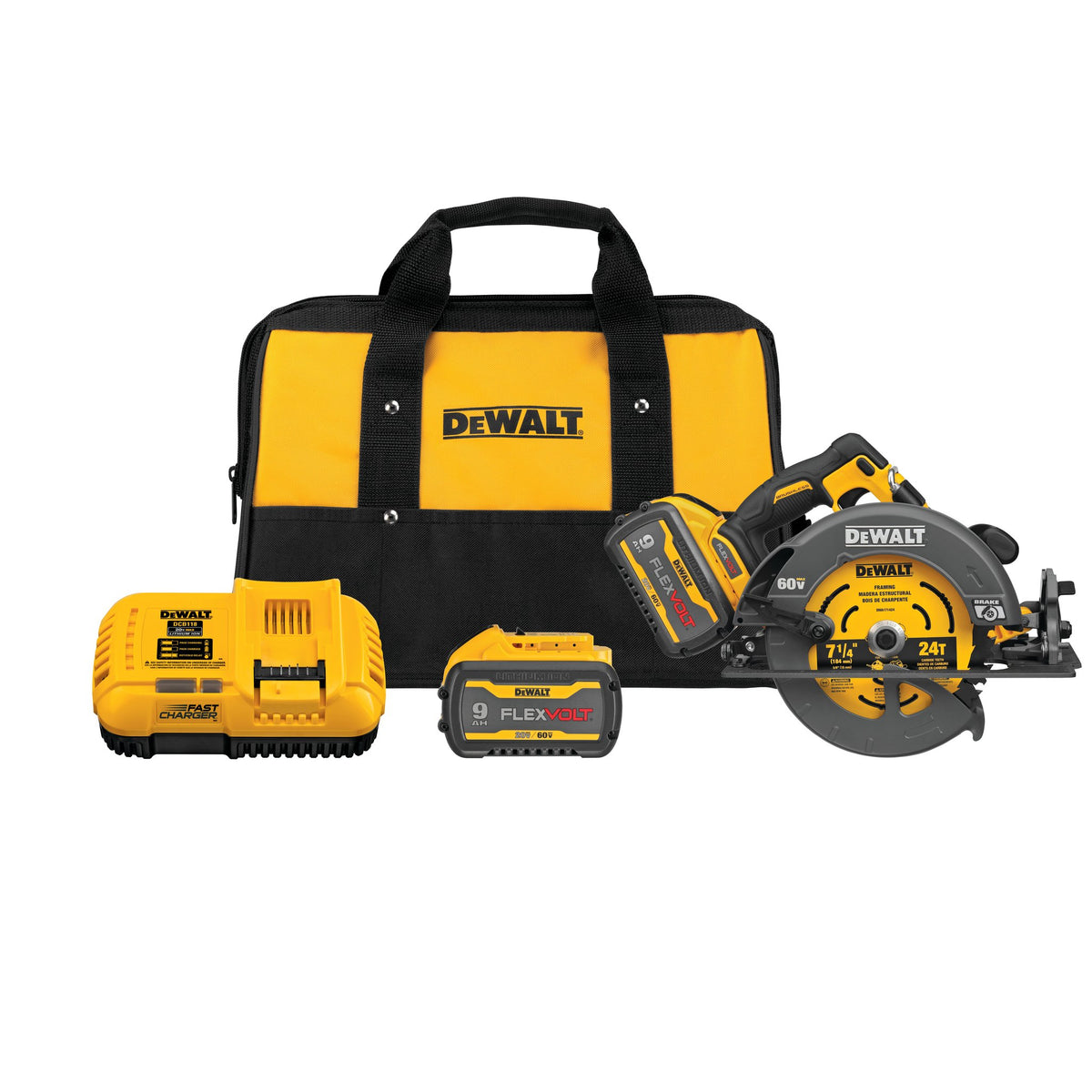 DEWALT DCS578X2 FLEXVOLT 60V MAX Brushless7-1/4 in. Cordless Circular Saw with Brake Kit - kit contents