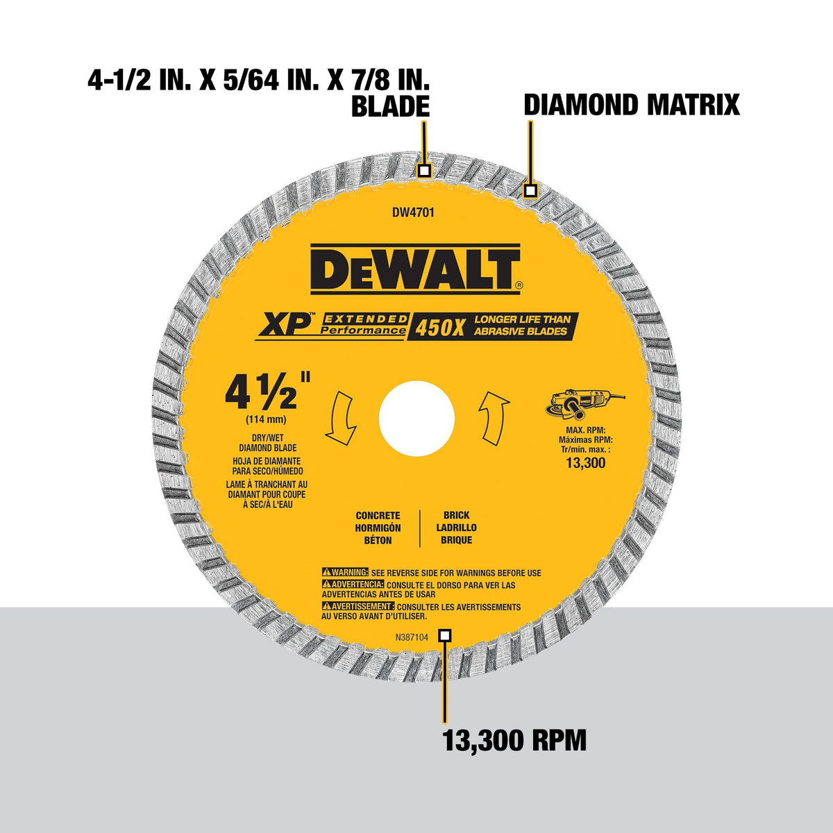 DEWALT DW4701 Diamond Blade, Dry Or Wet Cutting, Continuous Rim, 7/8-Inch Arbor, 4-1/2-Inch - feature callout
