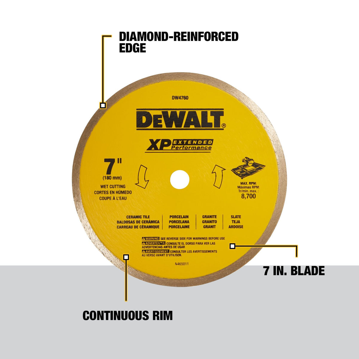 DEWALT DW4760 7-Inch Wet Cutting Continuous Rim Saw Blade With 5/8-Inch Arbor For Ceramic Or Tile,Yellow - feature callout