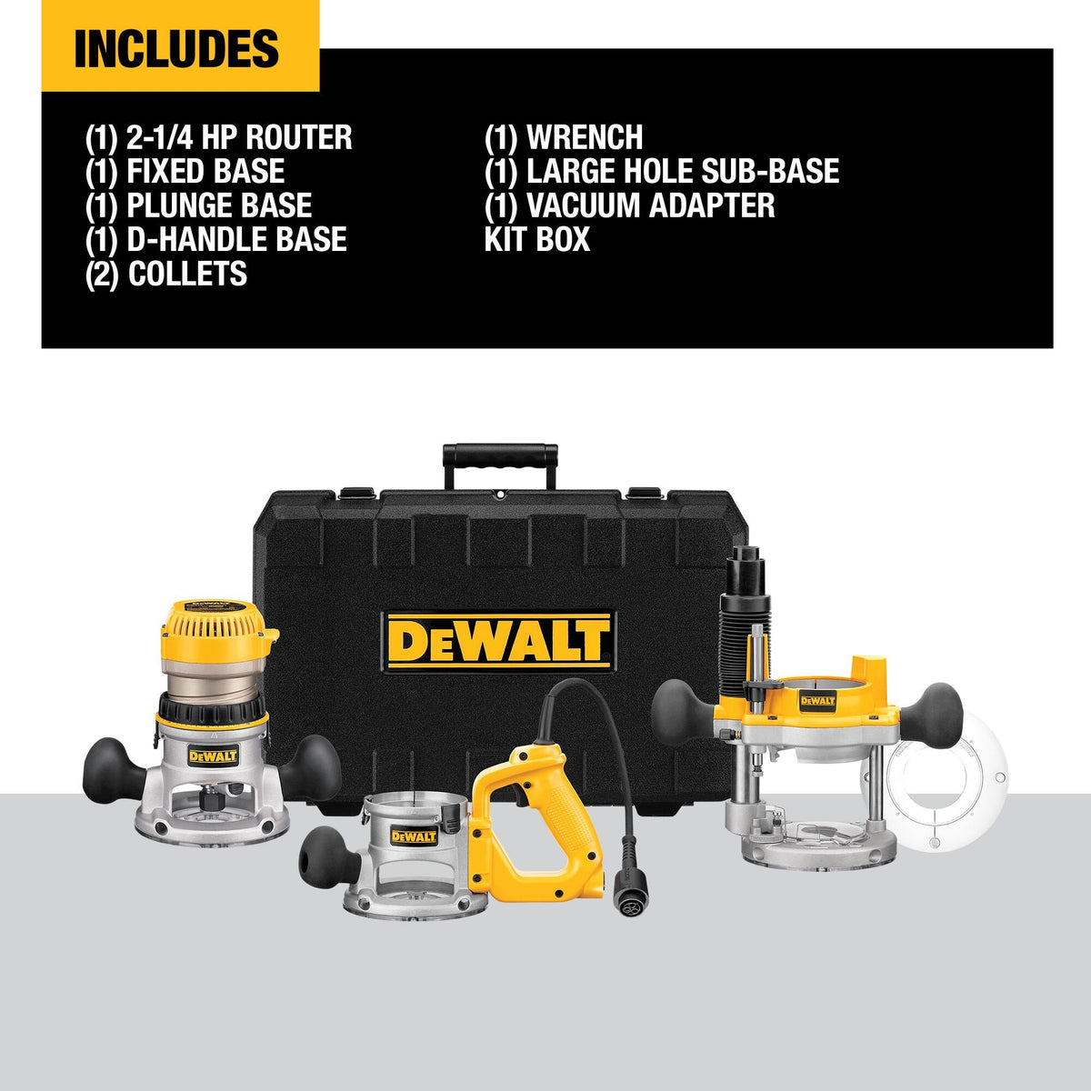 DEWALT DW618B3 2-1/4 HP (maximum motor HP) Three Base Router Kit - feature callout