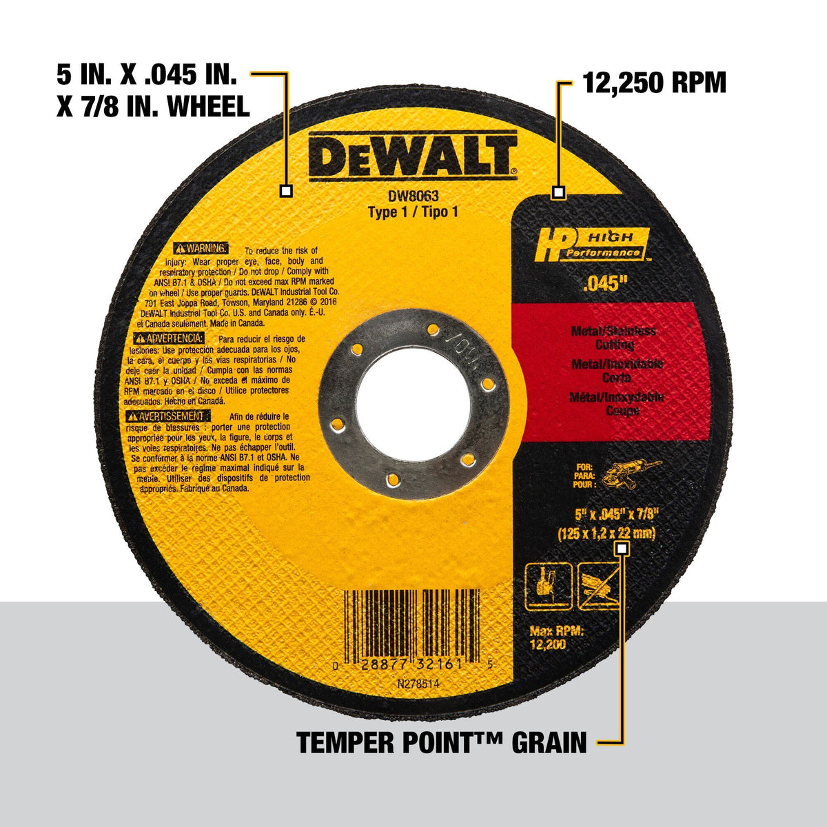 DEWALT DW8063 5-Inch By .045-Inch By 7/8-Inch A60T Abrasive Metal/Inox Cutting Wheel - feature callout