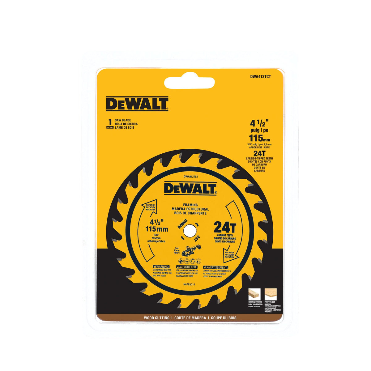 DEWALT DWA412TCT 4-1/2In 24T Tct Saw Blade - product view