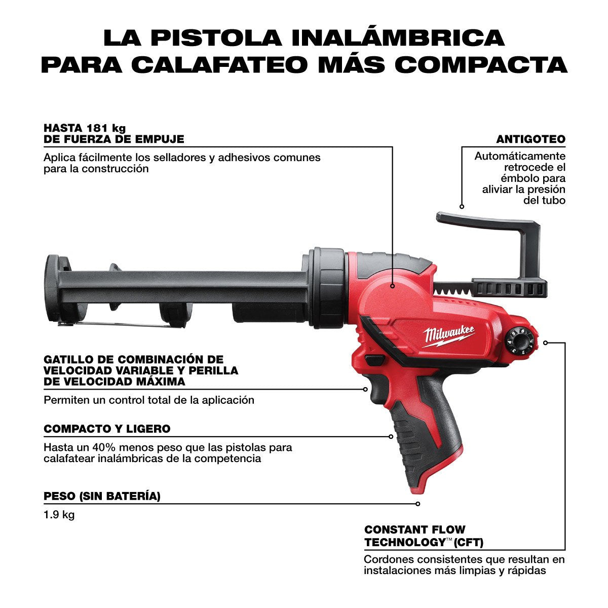 Milwaukee 2441-20 M12™ 10 oz Caulk Gun - feature callout