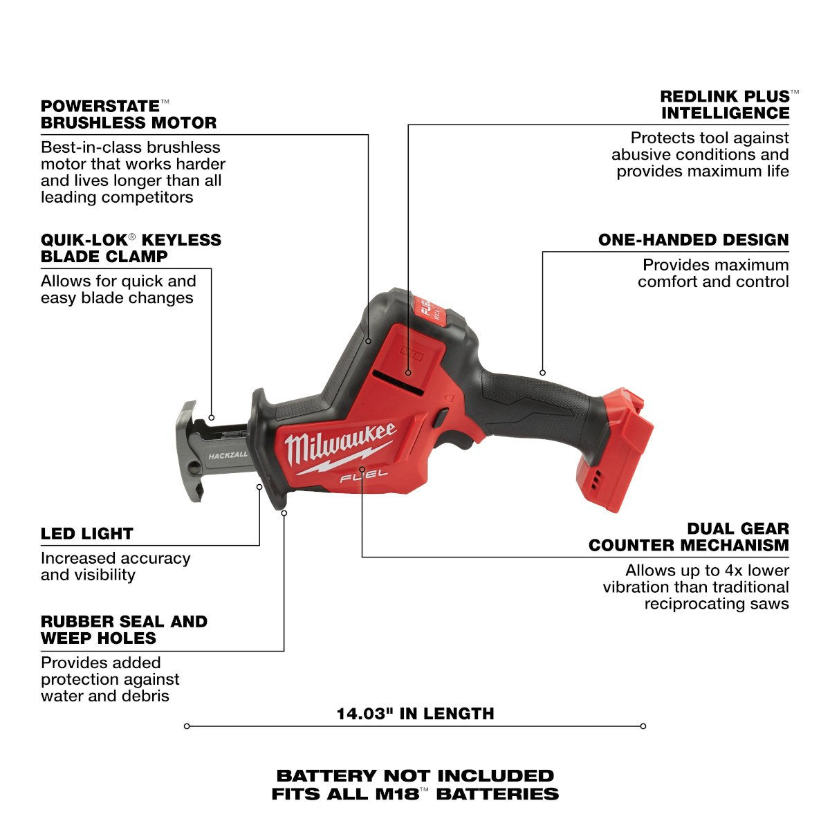Milwaukee 2719-20 M18 FUEL™ HACKZALL® Reciprocating Saw - feature callout