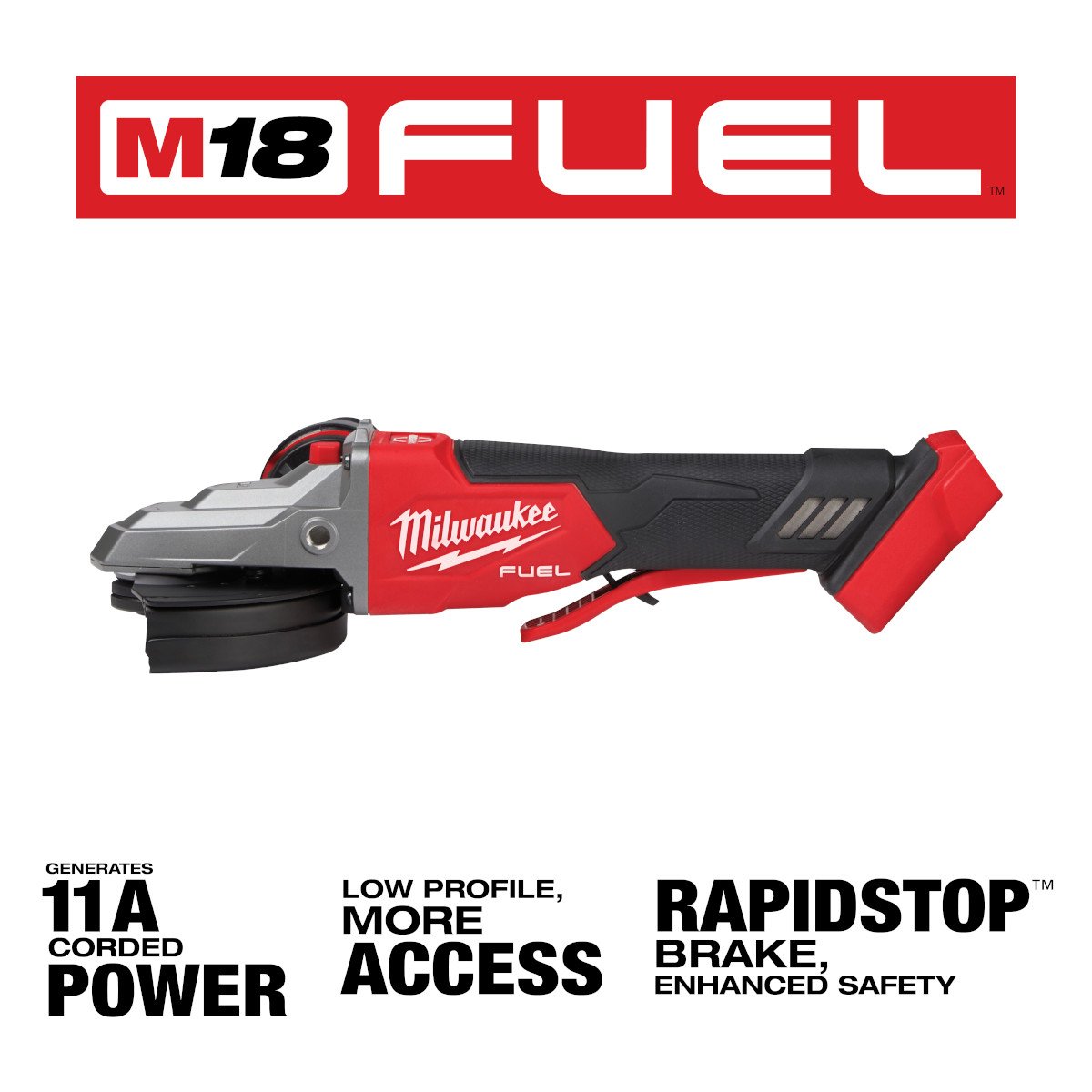 Milwaukee 2886-20 M18 FUEL™ 5" Flathead Braking Grinder, Paddle Switch No-Lock - feature callout