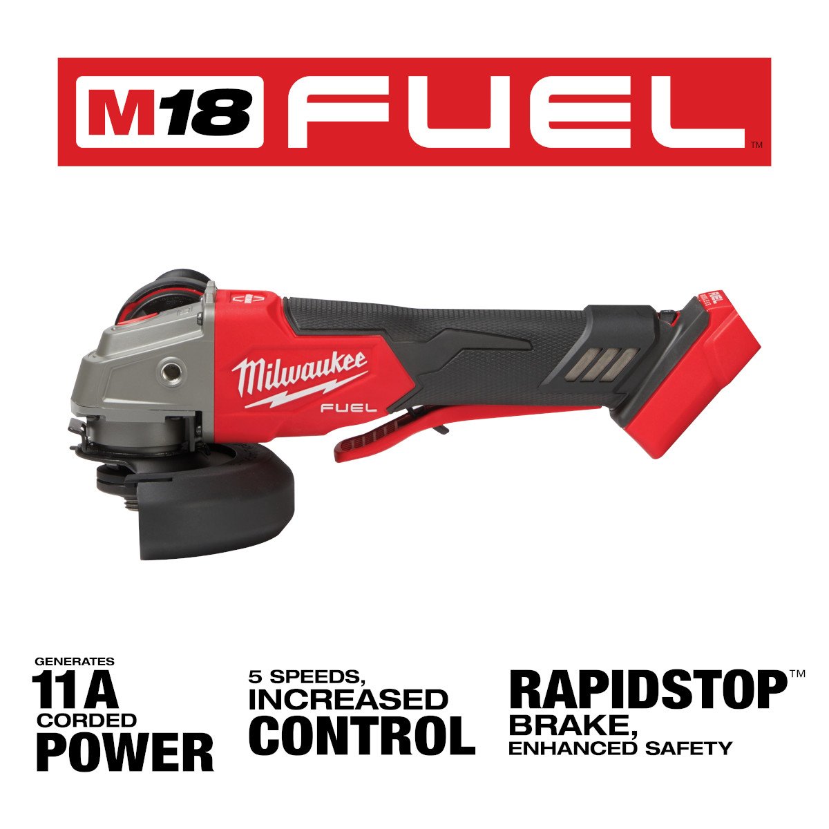 Milwaukee 2888-20 M18 FUEL™ 4-1/2" / 5" Variable Speed Braking Grinder, Paddle Switch No-Lock - feature callout