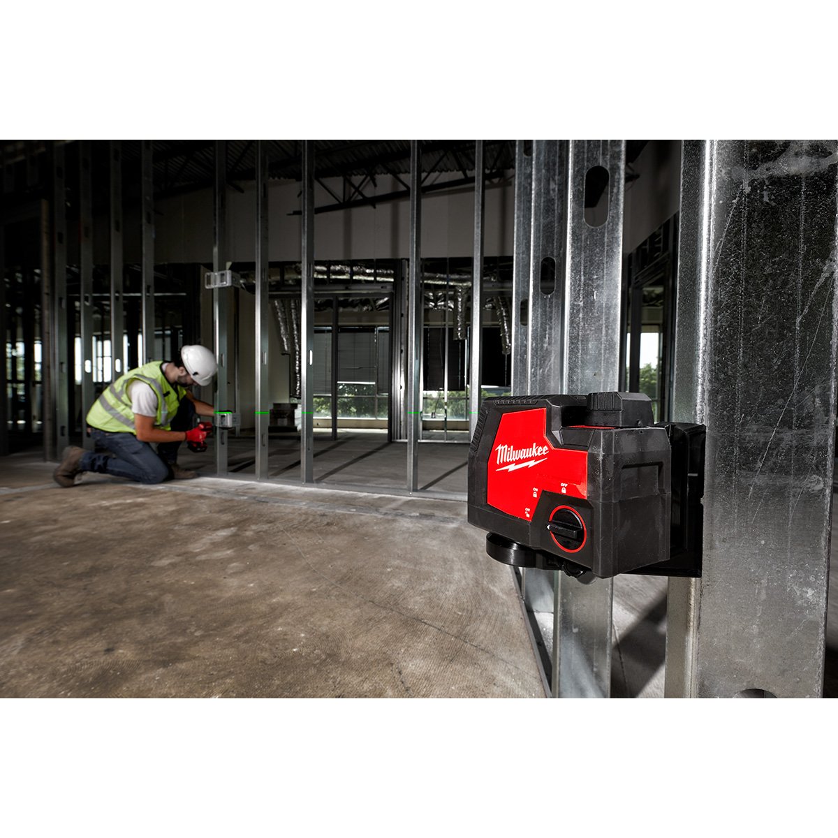Milwaukee 3522-21 USB Rechargeable Green Cross Line & Plumb Points Laser - in use