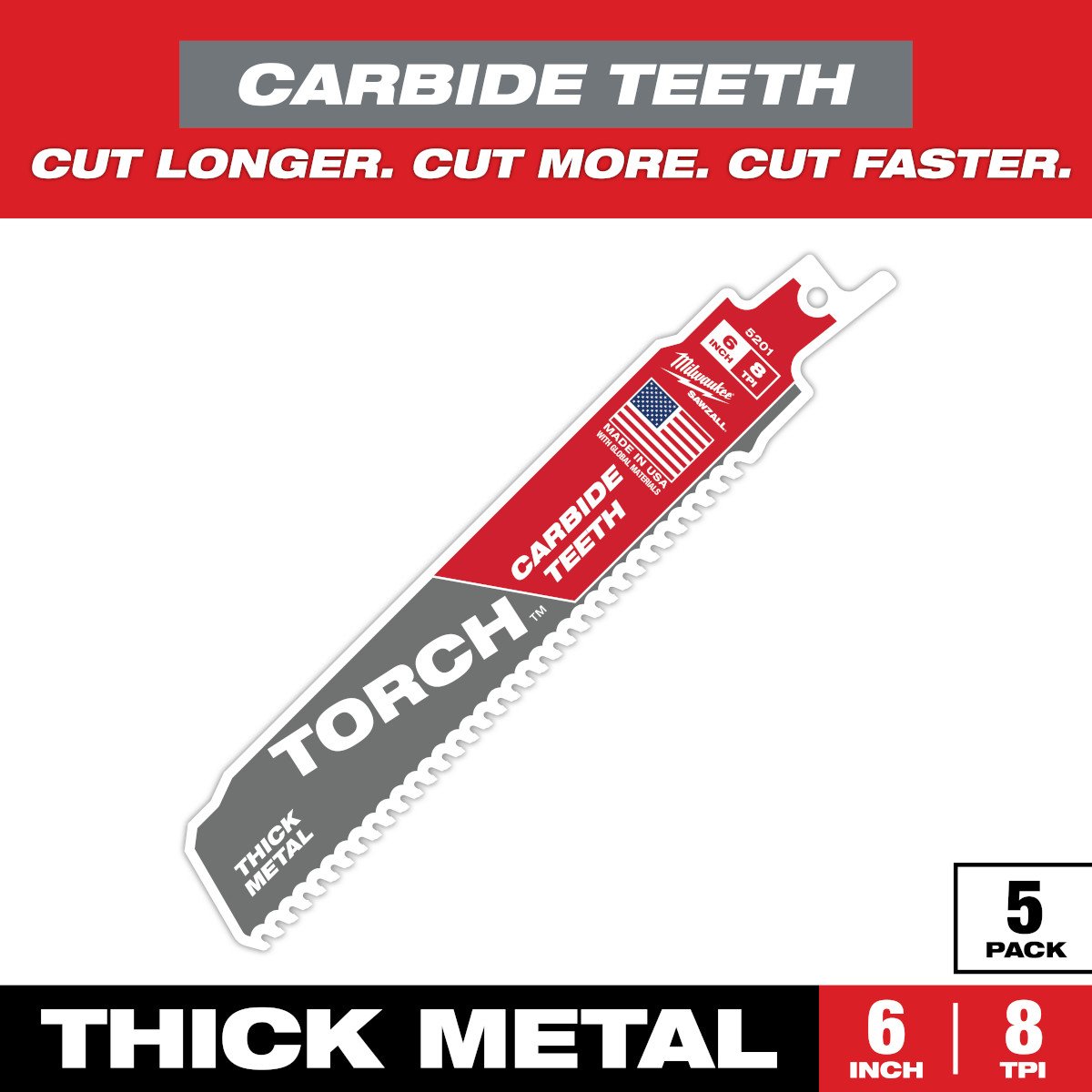 Milwaukee 48-00-5501 6" 8TPI THE TORCH™ Carbide Teeth Metal Cutting SAWZALL® Blade 5PK - feature callout