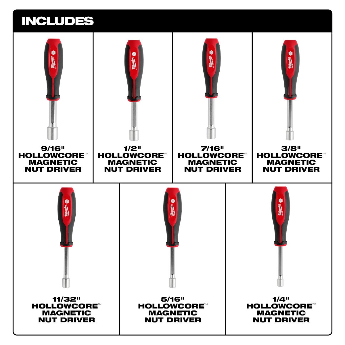 Milwaukee 48-22-2547 7pc SAE HollowCore™ Magnetic Nut Driver Set - feature callout