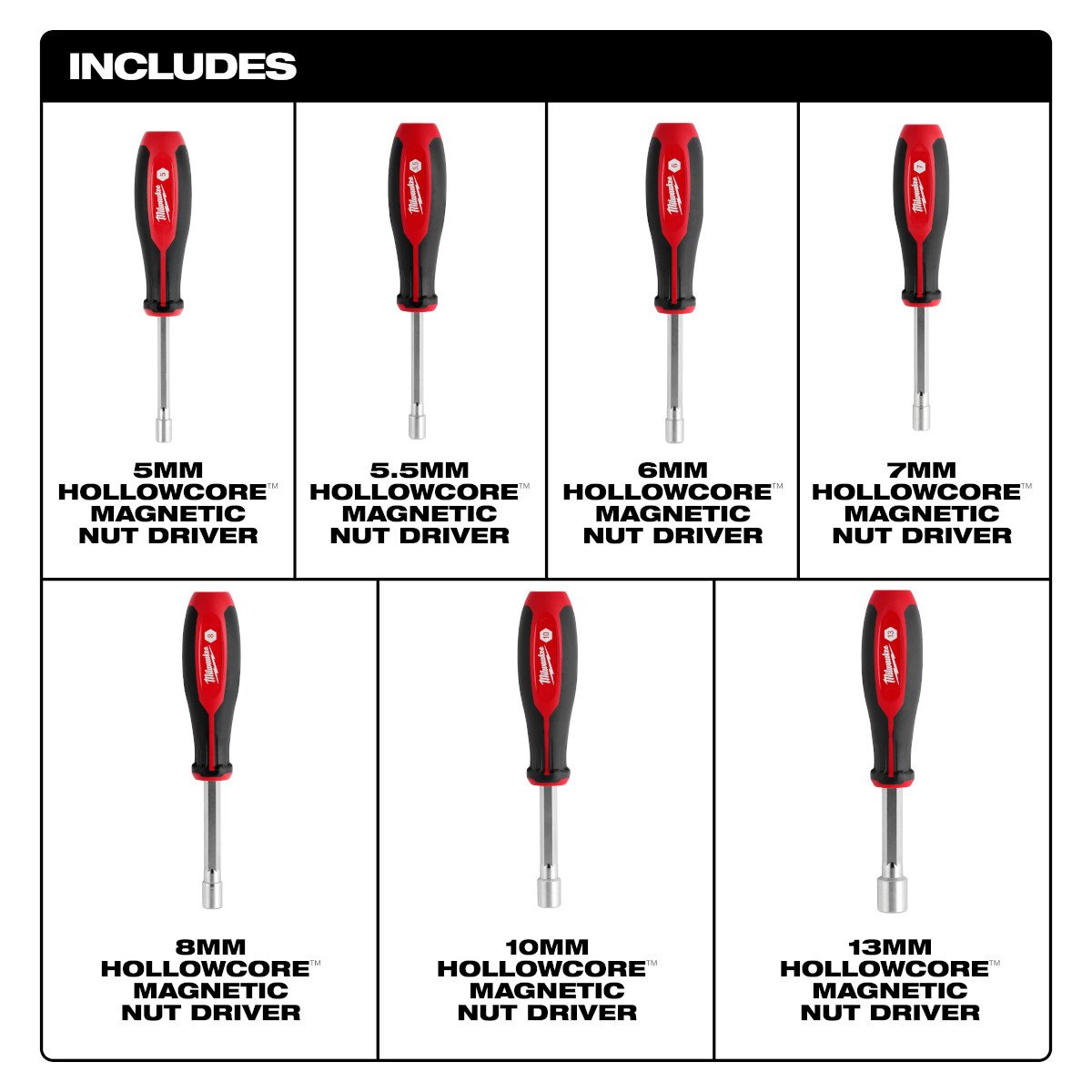 Milwaukee 48-22-2548 7pc Metric HollowCore™ Magnetic Nut Driver Set - feature callout
