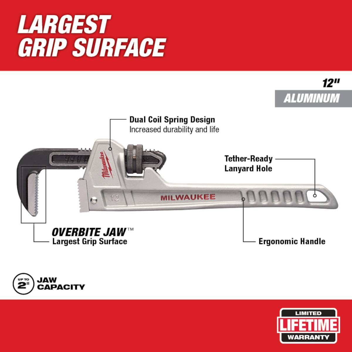 Milwaukee 48-22-7212 12” Aluminum Pipe Wrench - feature callout