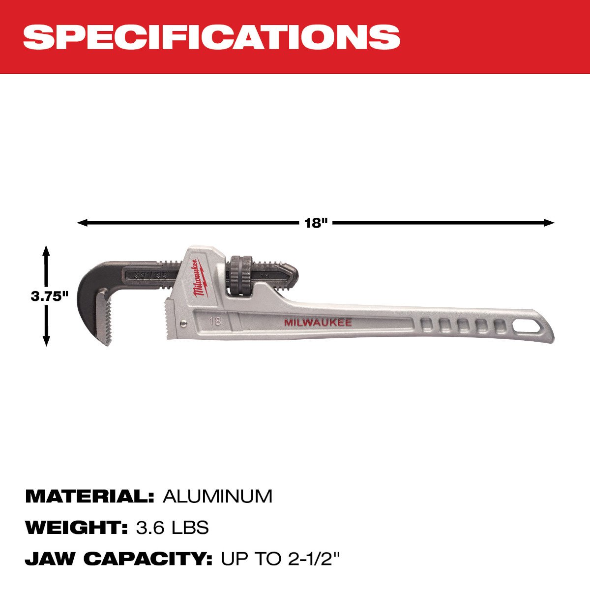 Milwaukee 48-22-7218 18 in. Aluminum Pipe Wrench - feature callout
