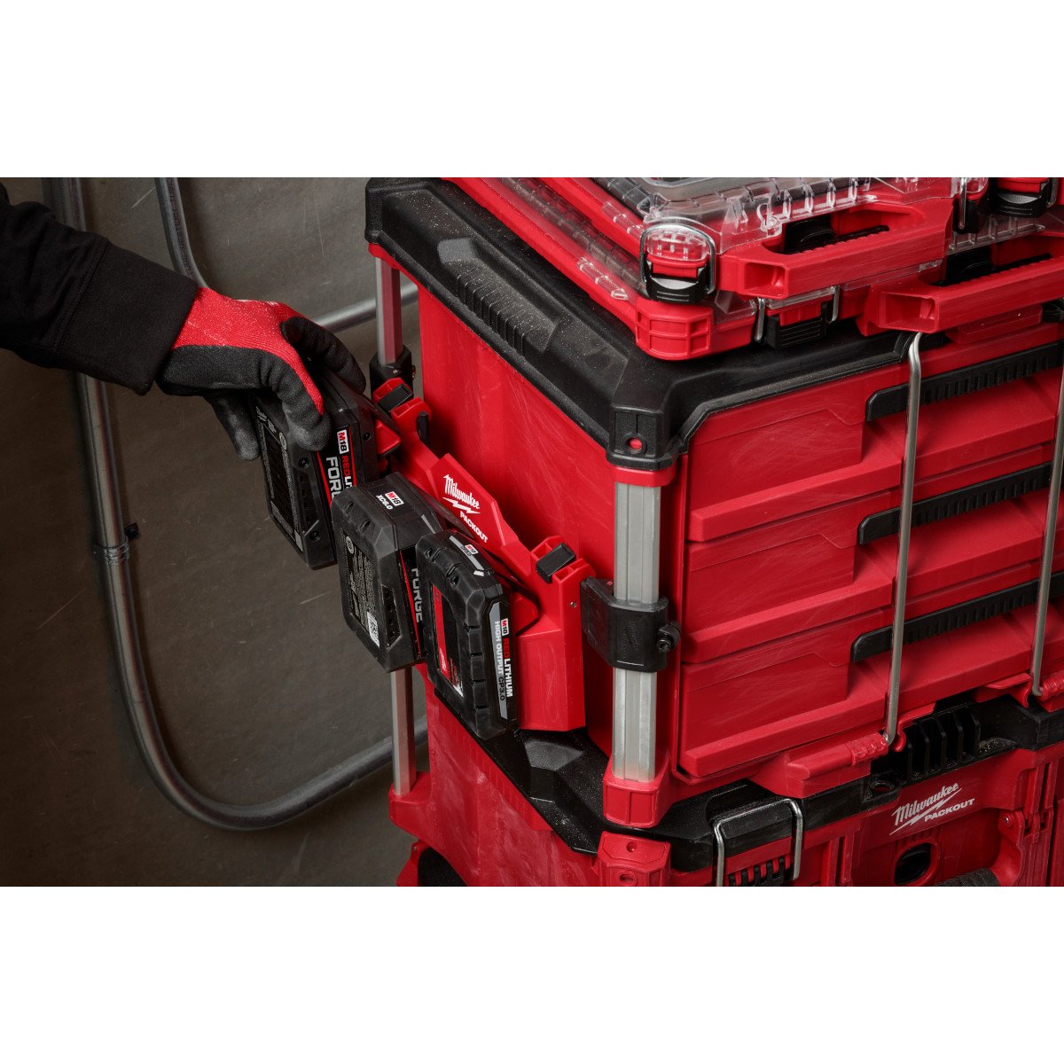 Milwaukee 48-22-8603 PACKOUT™ Tool Box M18™ Battery Rack Attachment - in use