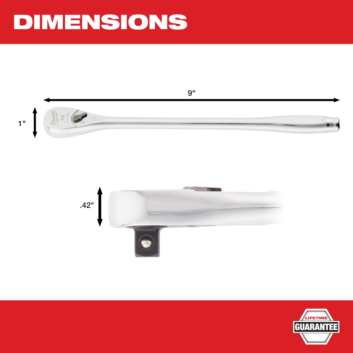 Milwaukee 48-22-9005 1/4" Drive 9" Ratchet - feature callout