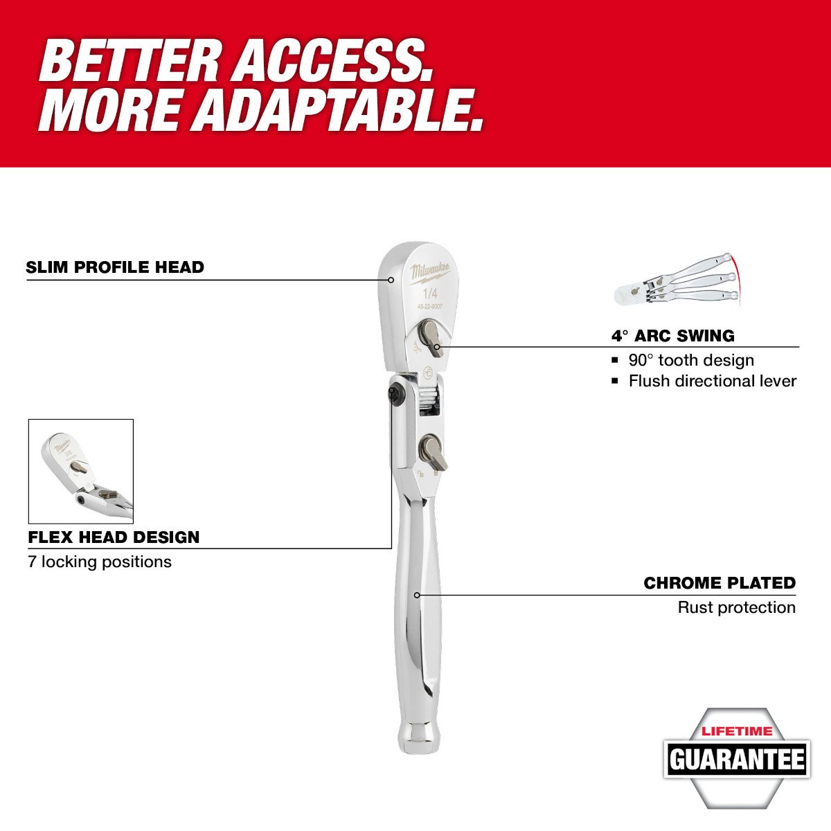 Milwaukee 48-22-9007 1/4" Drive 6" Flex Head Ratchet - feature callout