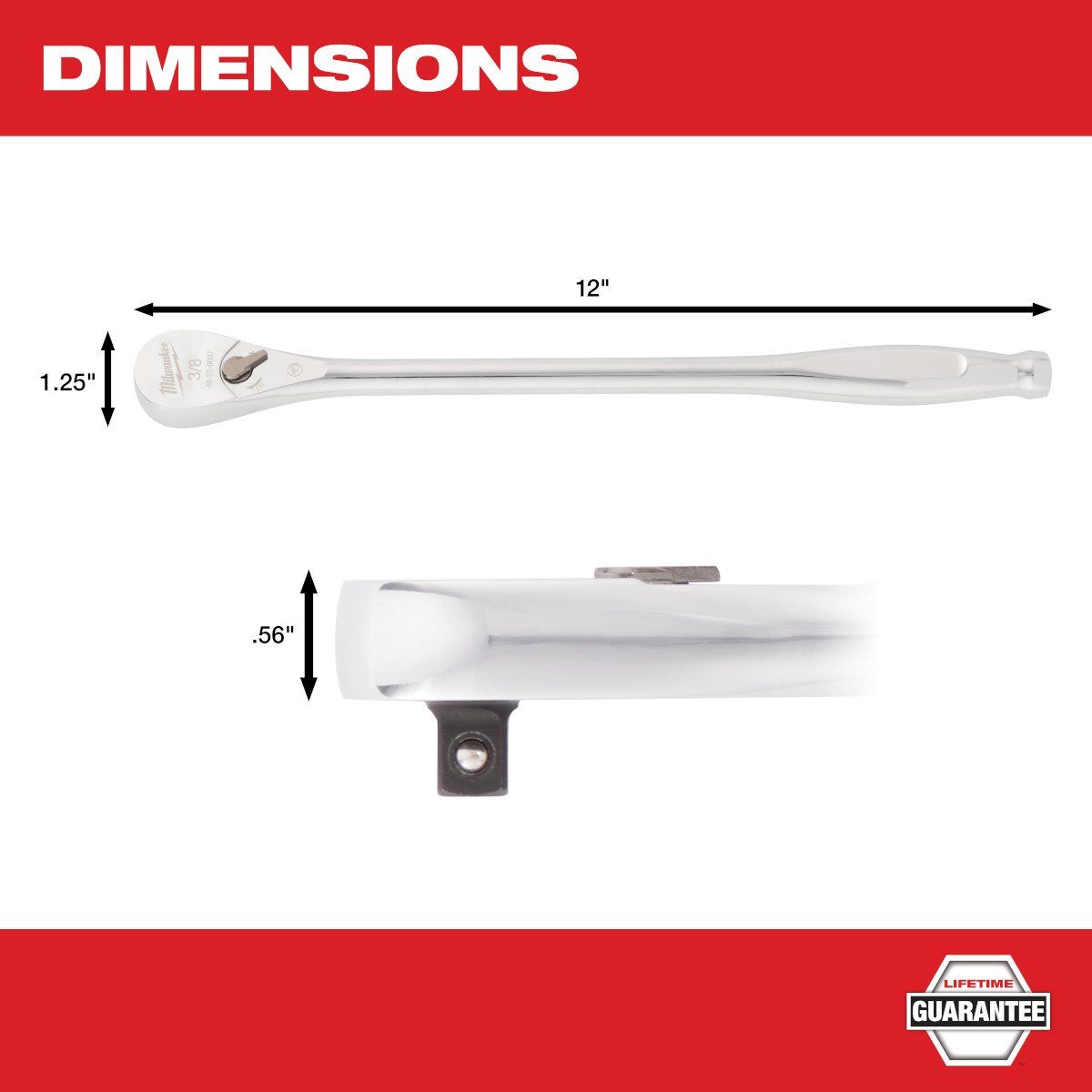 Milwaukee 48-22-9037 3/8" Drive 12" Ratchet - feature callout
