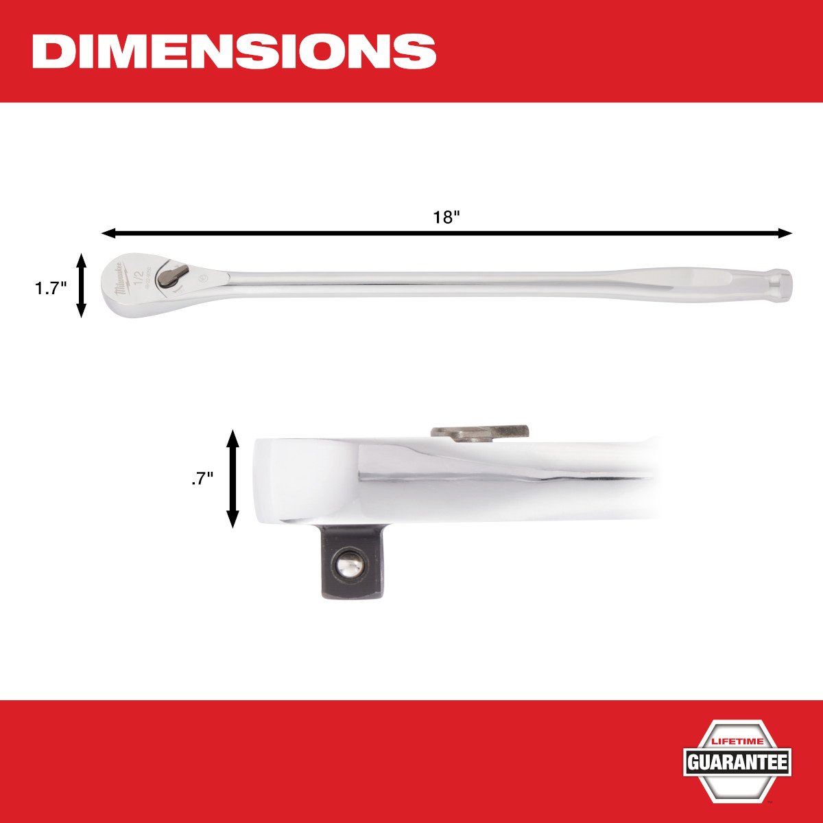 Milwaukee 48-22-9050 1/2" Drive 18" Ratchet - feature callout