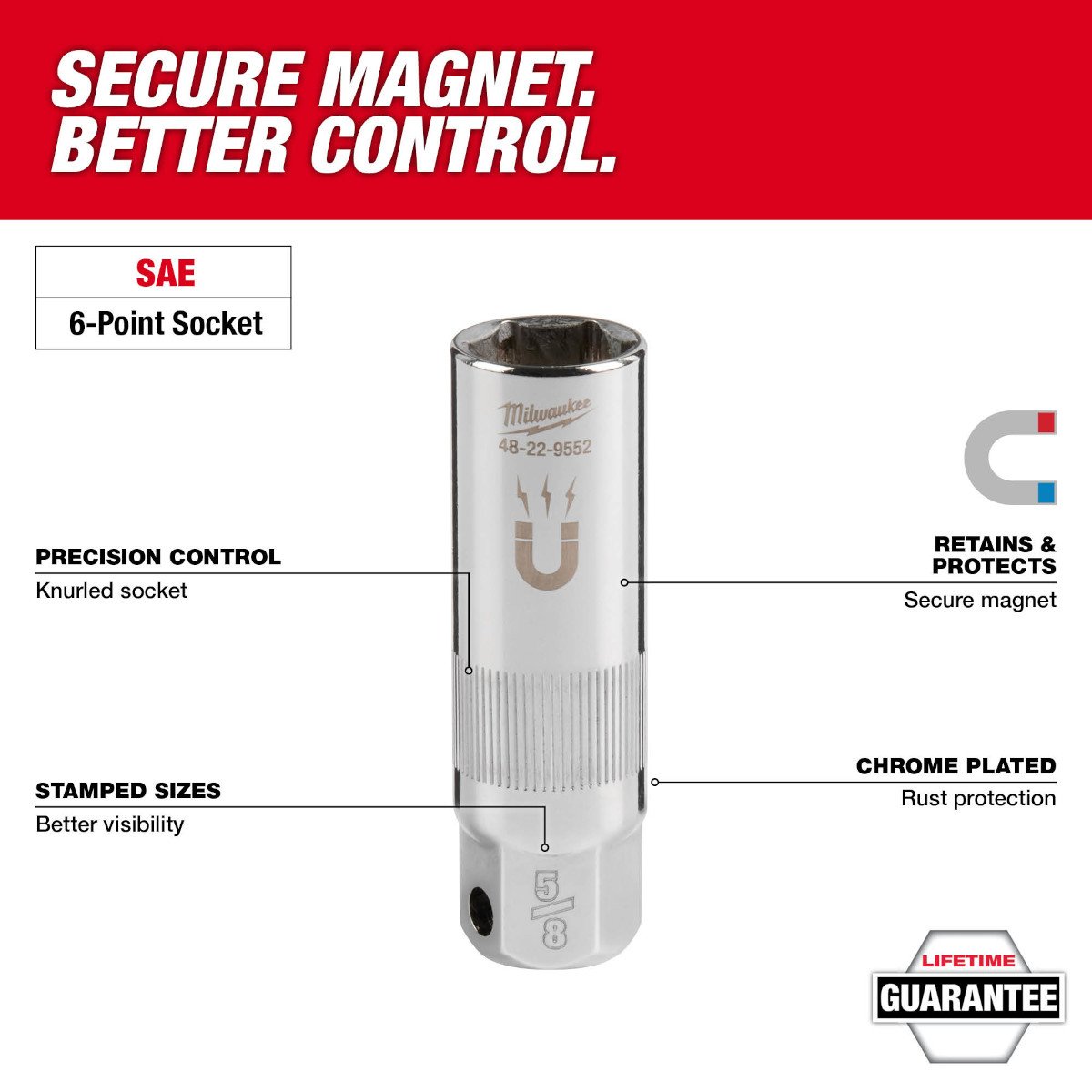 Milwaukee 48-22-9552 3/8" Drive 5/8" Magnetic Spark Plug Socket - feature callout