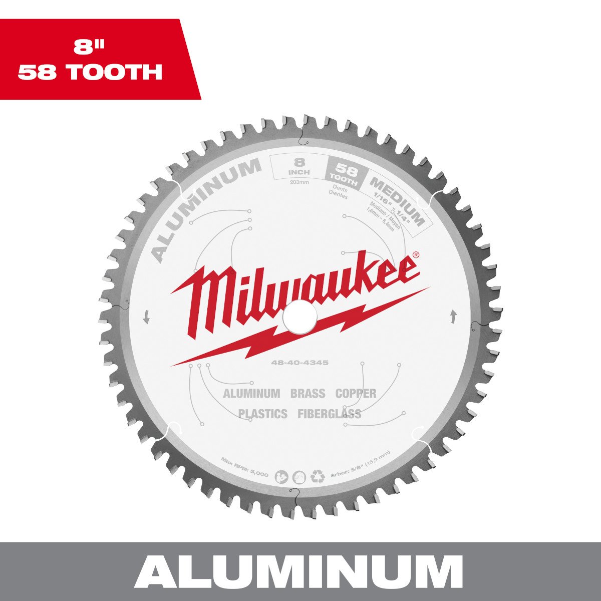 Milwaukee 48-40-4345 8 in. Aluminum Cutting Circular Saw Blade - feature callout
