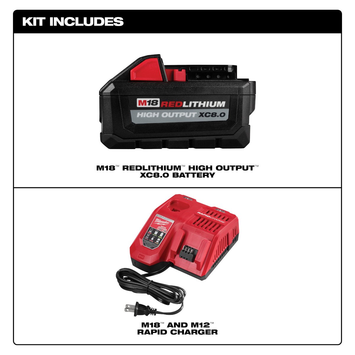 Milwaukee 48-59-1880 M18™ REDLITHIUM™ HIGH OUTPUT™ XC8.0 Starter Kit - feature callout