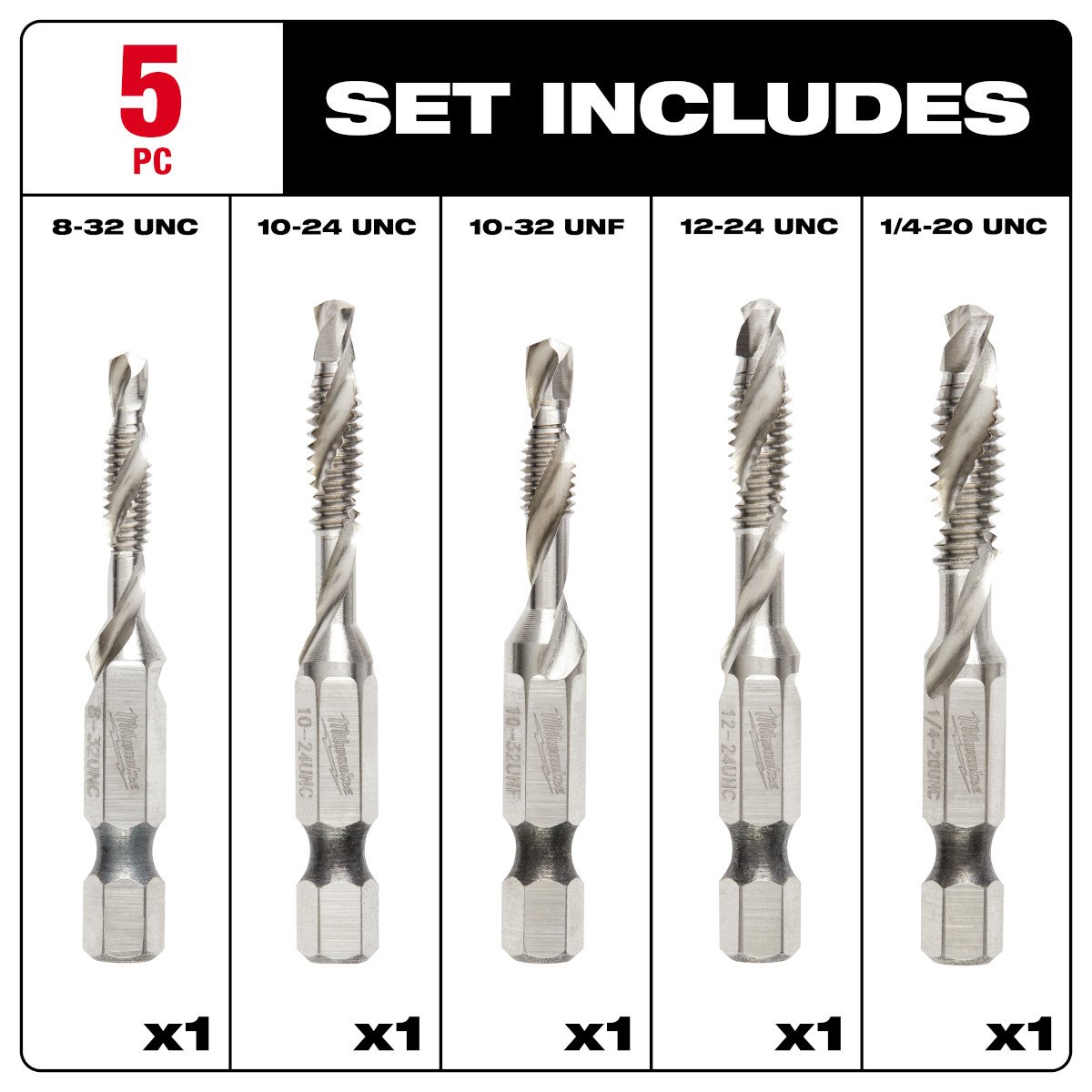 Milwaukee 48-89-4874 SHOCKWAVE™ 5 Pc. SAE Impact Drill Tap Set - feature callout