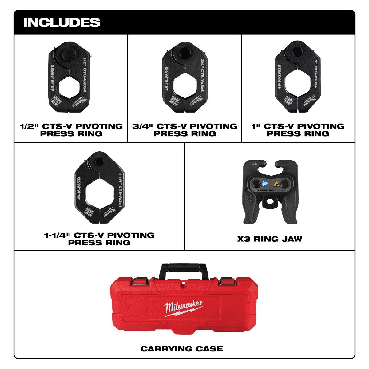 Milwaukee 49-16-2490X 1/2" - 1-1/4" CTS-V Pivoting Press Ring Kit for M12 FORCE LOGIC Press Tool - feature callout