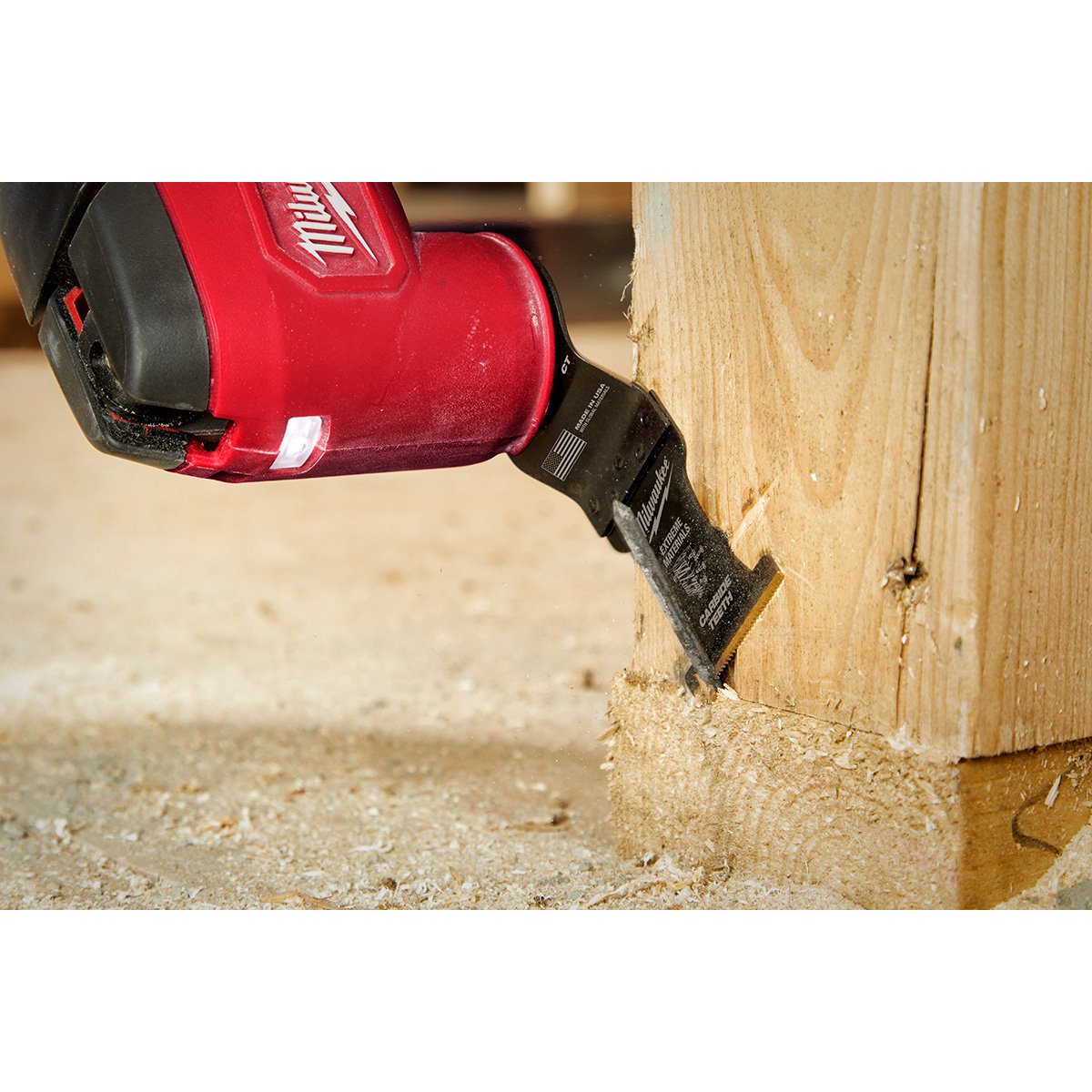 Milwaukee 49-25-1521 OPEN-LOK™ 1-3/8" Carbide Teeth Multi-Material Multi-Tool Blade - in use