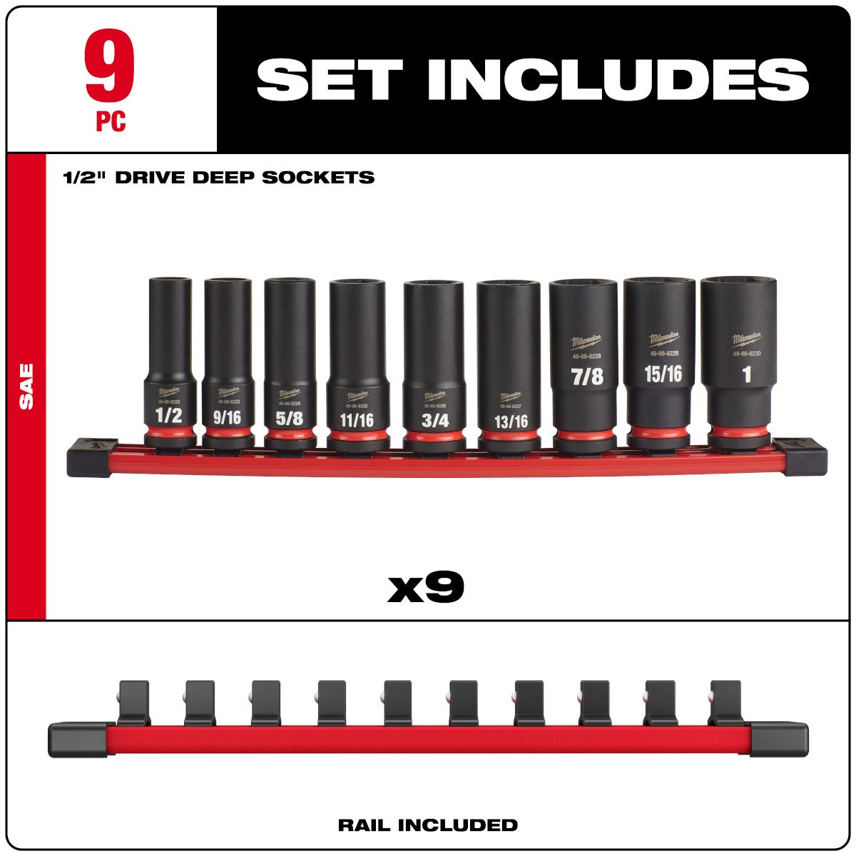 Milwaukee 49-66-7022 9PC SHOCKWAVE Impact Duty™ 1/2" Drive SAE Deep 6 Point Socket Set - feature callout