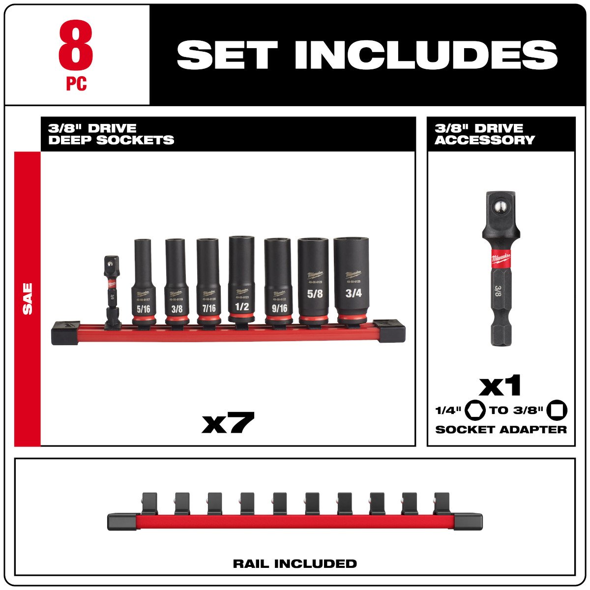 Milwaukee 49-66-7024 8PC SHOCKWAVE Impact Duty™ 3/8" Drive SAE Deep 6 Point Socket Set - feature callout