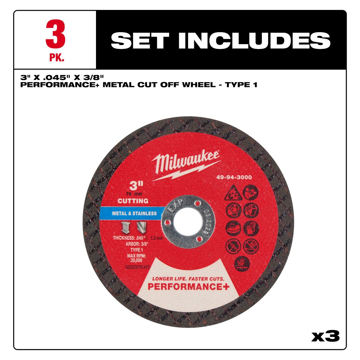 Milwaukee 49-94-3000 3 in. Metal Cut Off Wheel 3 pk - feature callout