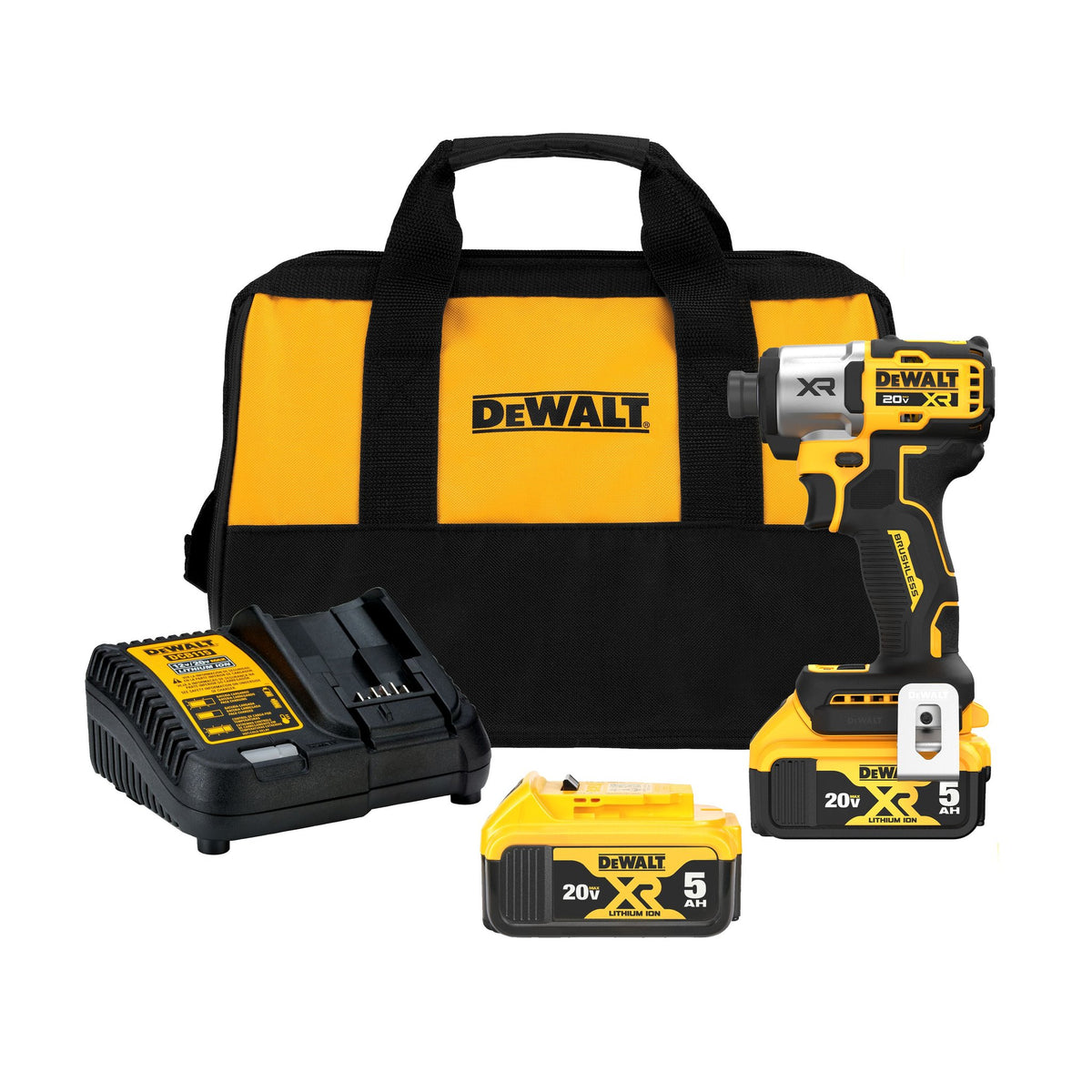 DEWALT DCF845P2 20V MAX XR 1/4" 3-Speed Impact Driver Kit - 2 Battery - kit contents