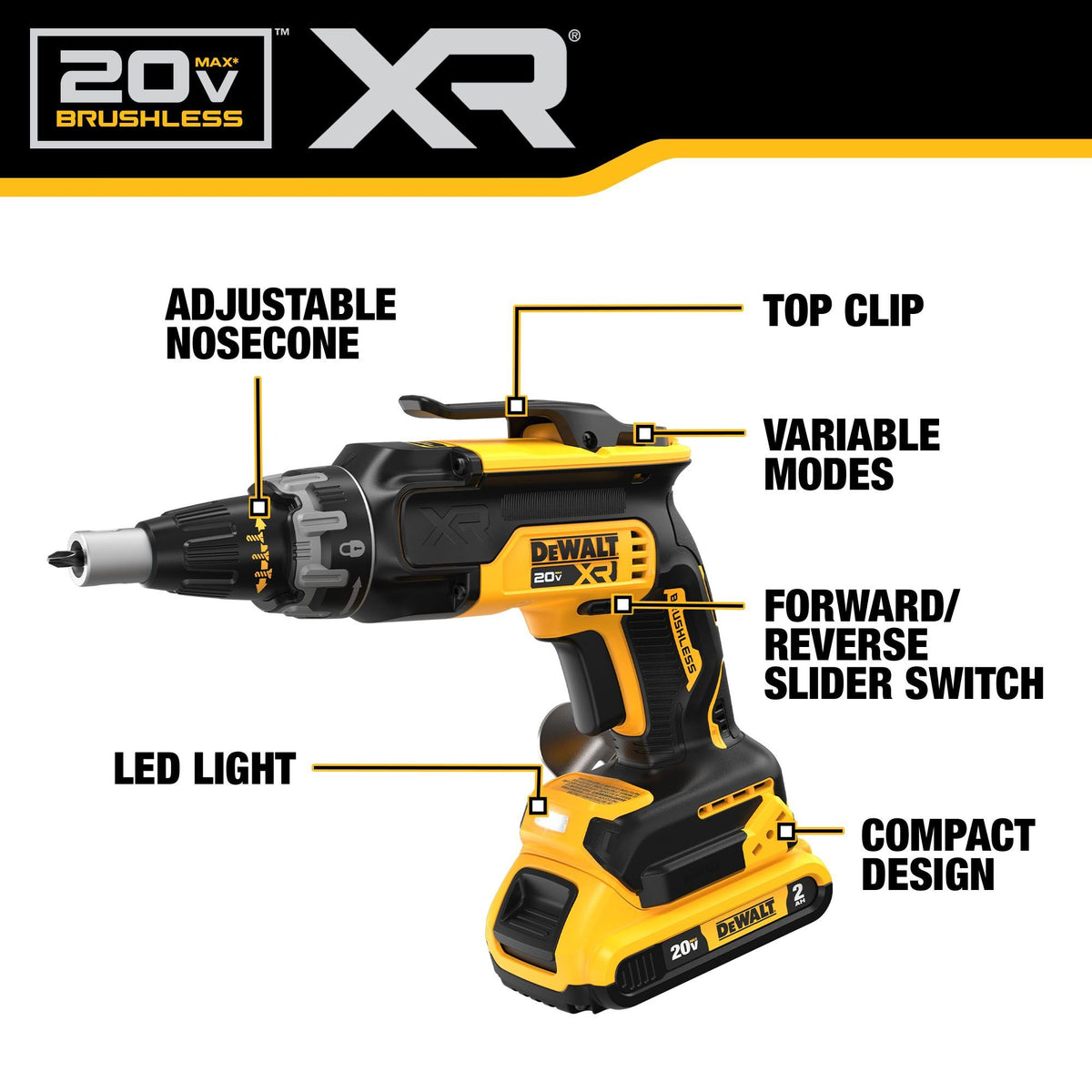 DEWALT DCK265D2 20V MAX XR Brushless Drywall Screwgun and Cut-Out Tool Combo Kit (2.0Ah) - feature callout