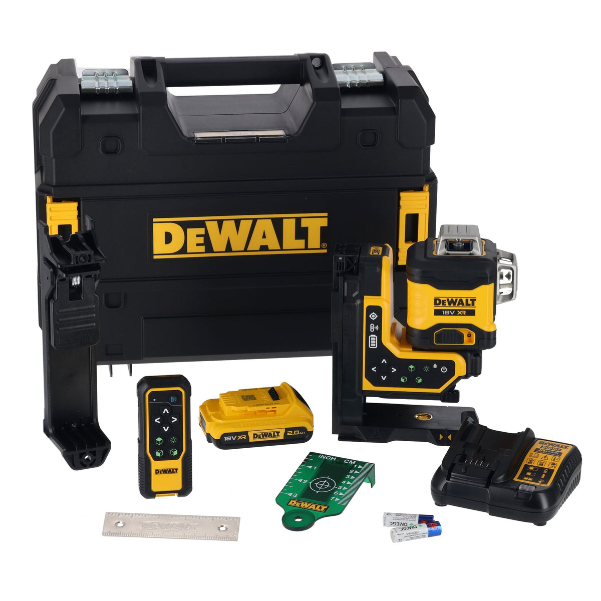 DEWALT DCLE34035D1 20V MAX XR Remote Control 360 Degree Line Laser Kit - kit contents
