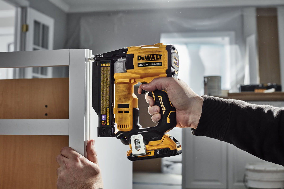 DEWALT DCN623D1 20V MAX XR, 23 GAUGE PIN NAILER - (2.0AH) W/ 1 BATTERY AND BAG - in use