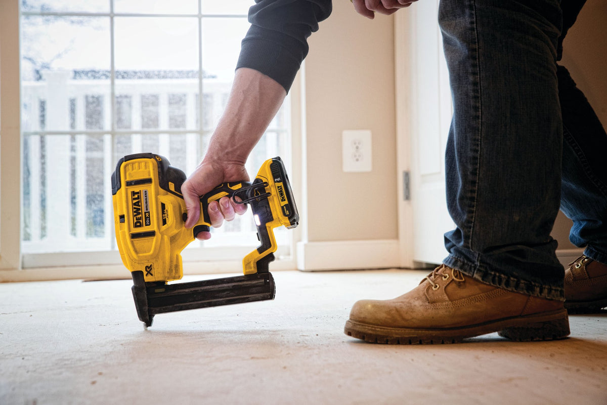 DEWALT DCN681B 20V MAX* XR® 18 GA Cordless Narrow Crown Stapler (Tool Only) - in use