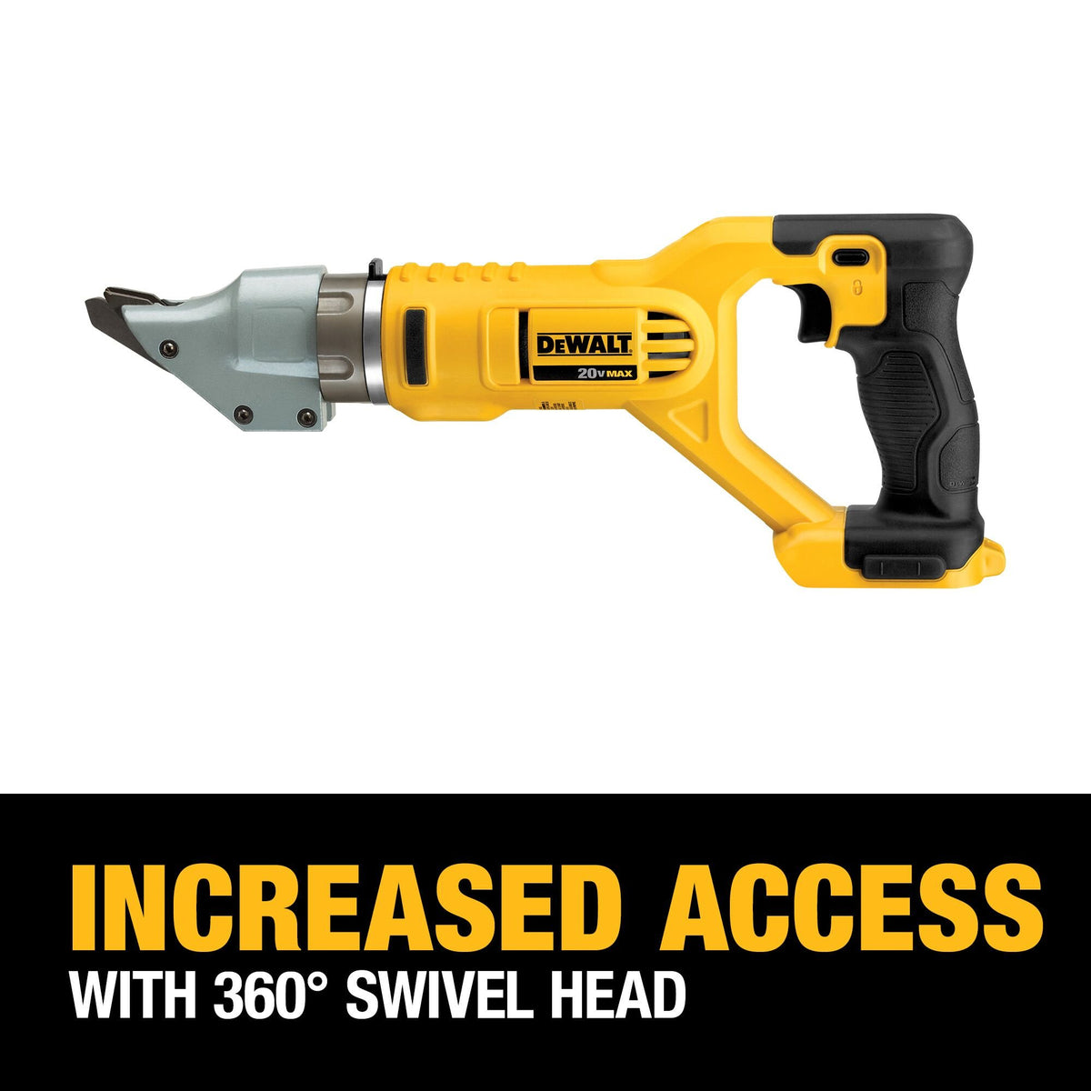 DEWALT DCS494B 20V MAX* Metal Shear, Swivel Head, Double Cut, 14 Guage, Tool Only - feature callout