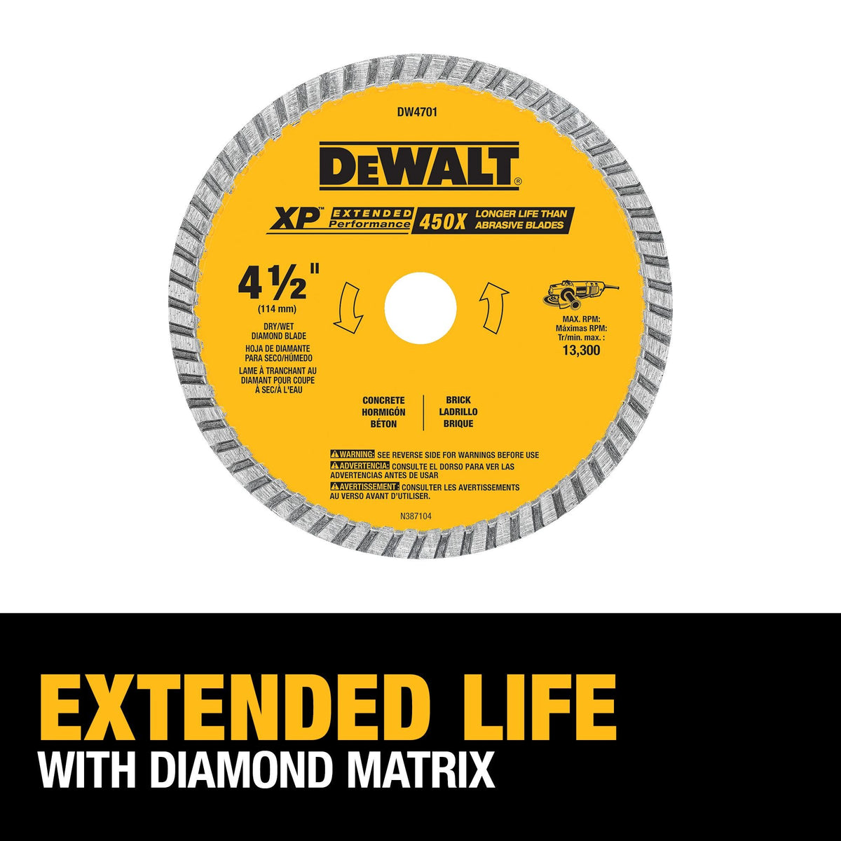 DEWALT DW4701 Diamond Blade, Dry Or Wet Cutting, Continuous Rim, 7/8-Inch Arbor, 4-1/2-Inch - feature callout